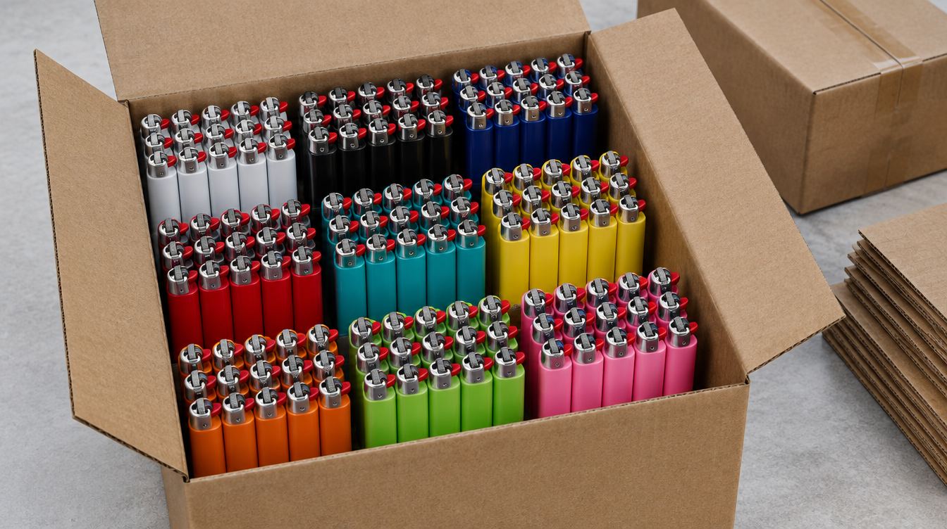 An open wholesale case of custom lighters sorted by body colour, white, black, navy, red, teal, yellow, orange, lime and pink, beside a closed carton and a stack of flat cartons
