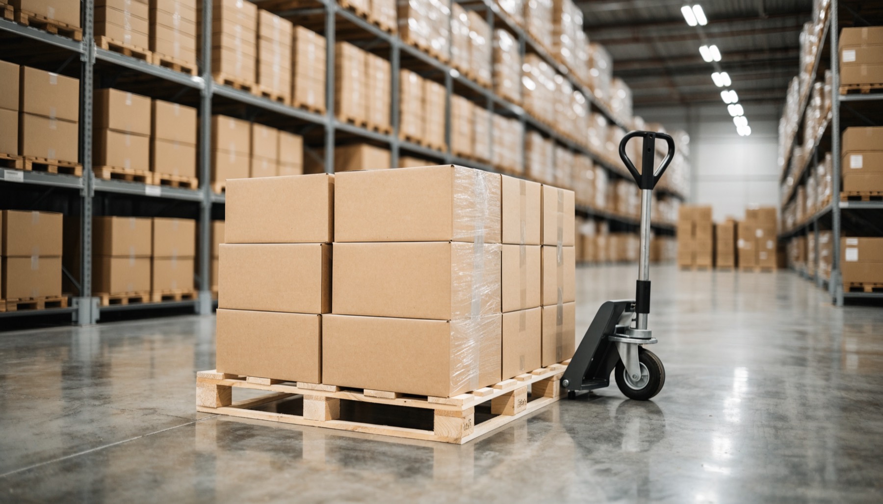 A bulk wholesale order of lighters in plain cardboard cartons, shrink-wrapped on a wooden pallet beside a pallet jack