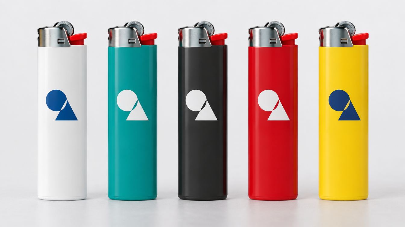 Five custom printed BIC-style lighters in white, teal, charcoal, red and yellow, each decorated with a simple logo mark inside the imprint area
